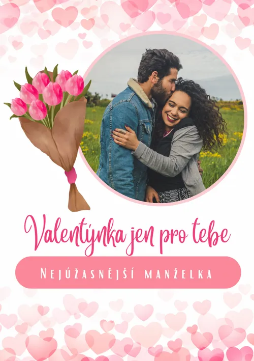 Valentýnské přání pro nejúžasnější manželku s kyticí a kulatou fotografií